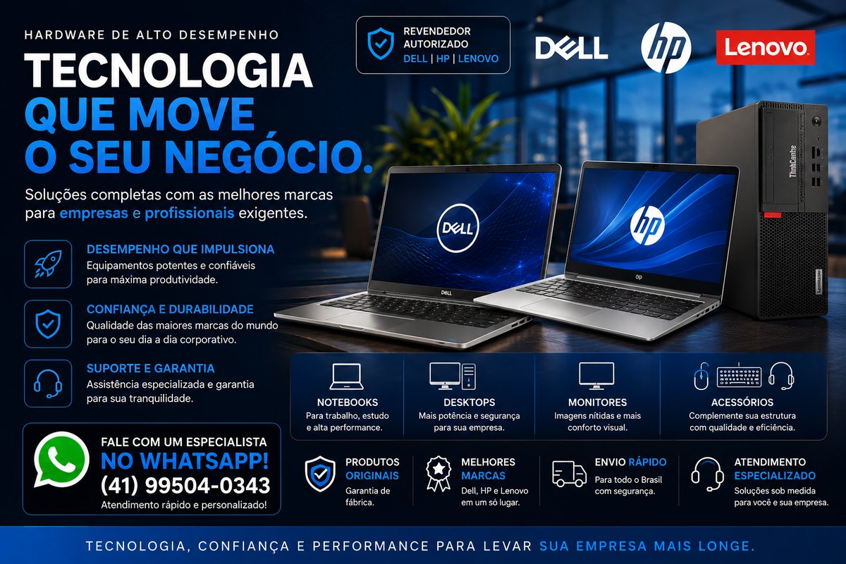 Banner de notebooks e desktops Dell, HP e Lenovo, revendedor autorizado, com envio para todo o Brasil