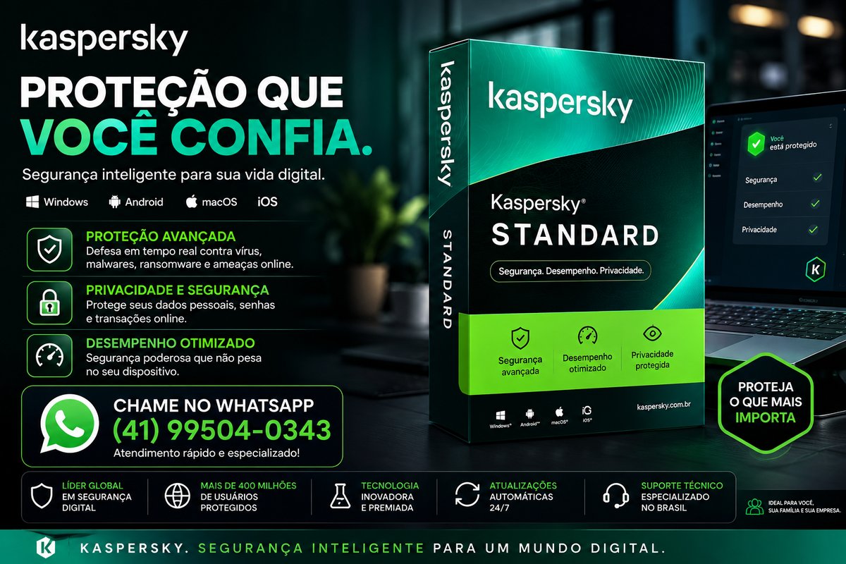 Banner do Kaspersky Standard, proteção avançada contra vírus, malware e ameaças online para Windows, Android, macOS e iOS
