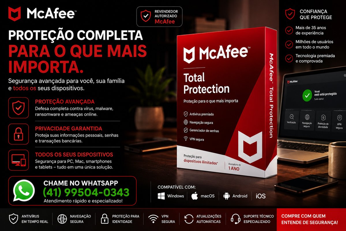 Banner do McAfee Total Protection, proteção completa com antivírus, VPN segura e gerenciador de senhas para todos os dispositivos