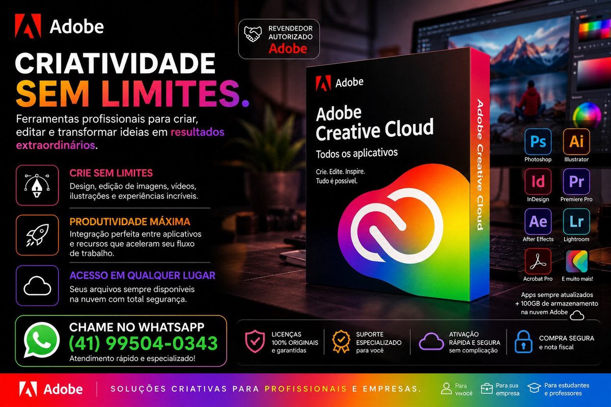 Banner da Adobe Creative Cloud: criatividade sem limites, com Photoshop, Illustrator, InDesign, Premiere Pro, After Effects e Acrobat Pro