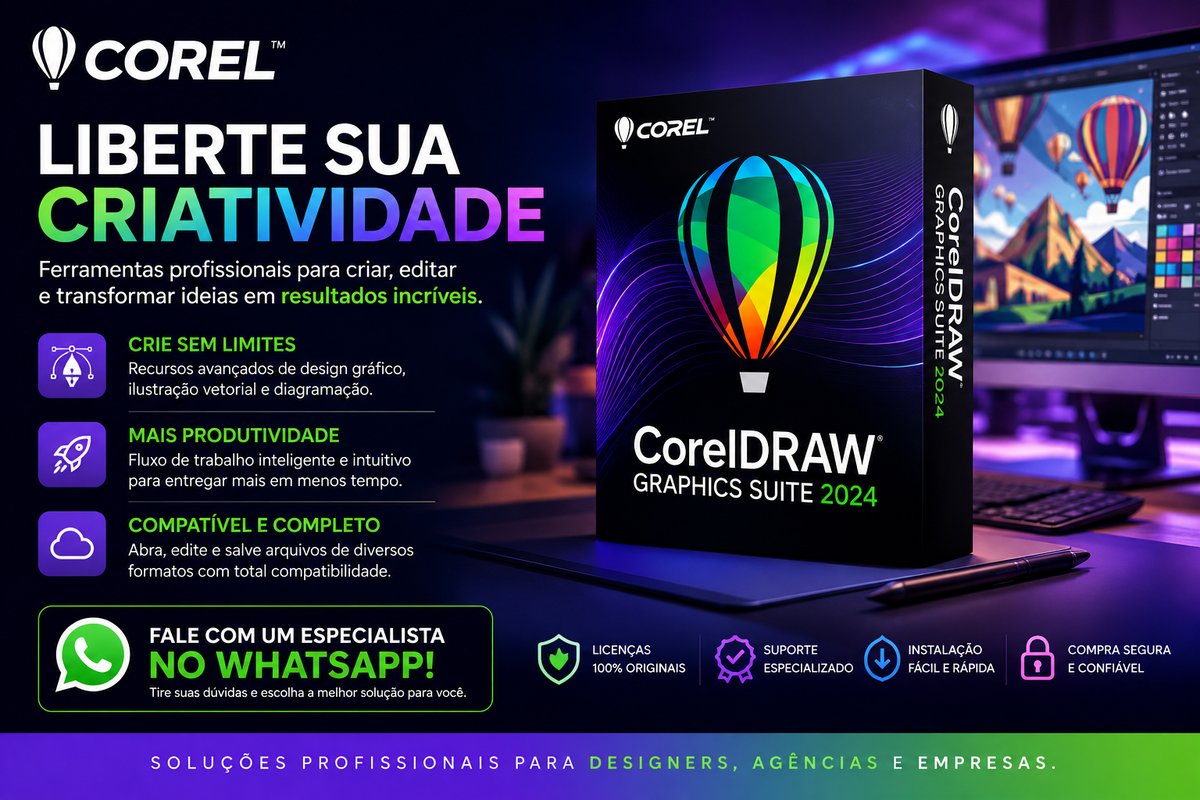 Banner do CorelDRAW Graphics Suite 2024, com licenças 100% originais e suporte especializado